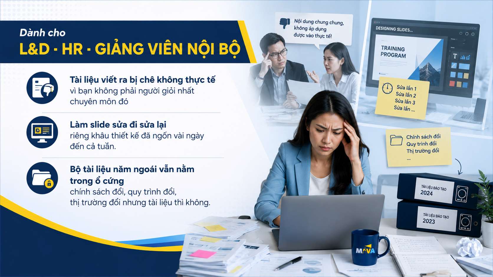 Vướng mắc thường gặp của L&D, HR, Giảng viên nội bộ: tài liệu bị chê không thực tế, làm slide sửa đi sửa lại, bộ tài liệu cũ không cập nhật